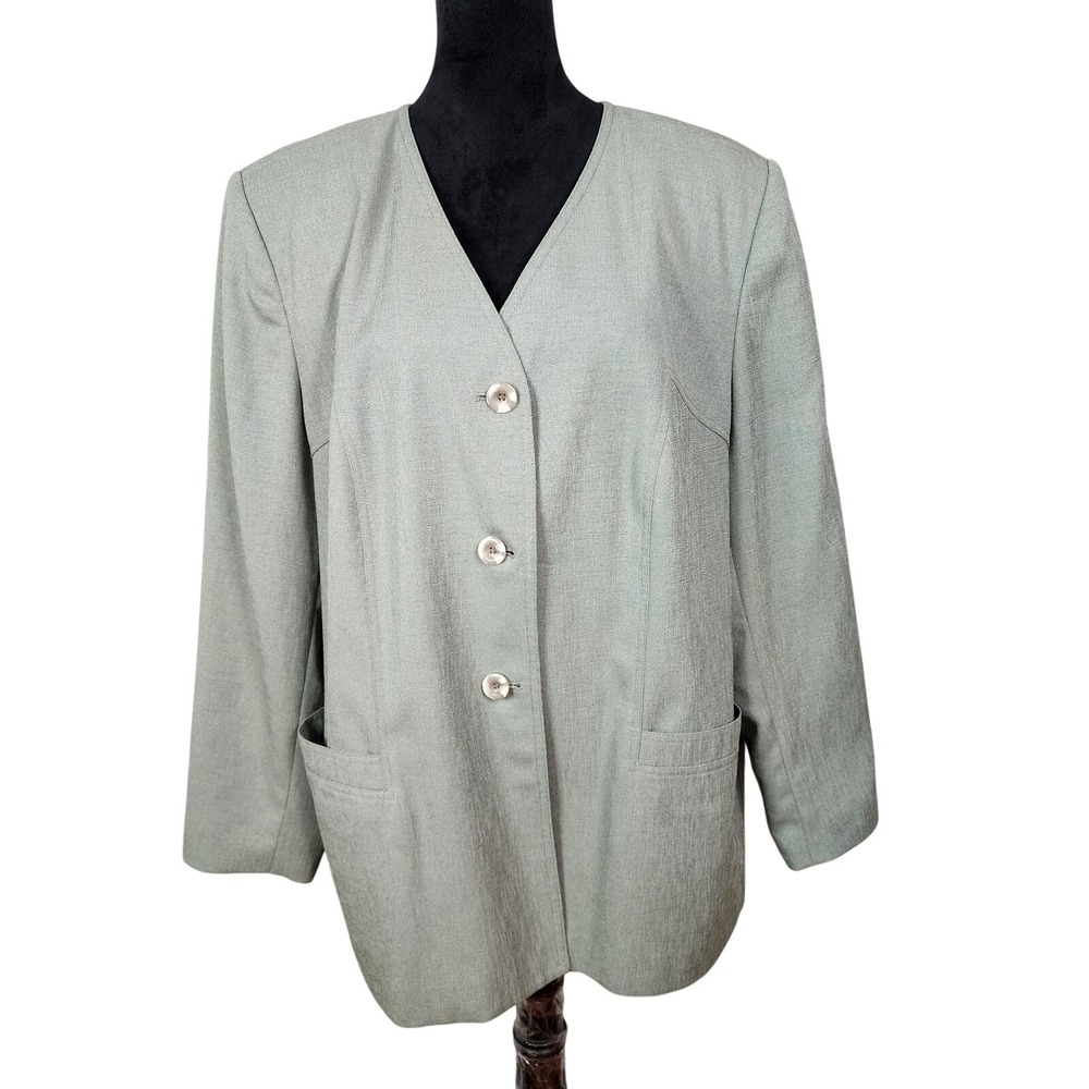Vtg DRESSBARN Size 20W Sage Green Collarless V-Neck Twill Office Blazer Jacket